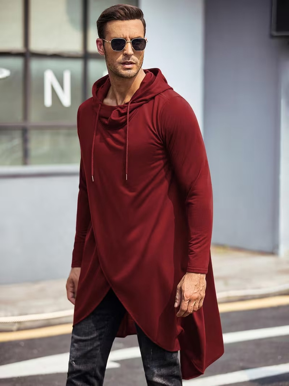 Men's Hooded Tunic Sweater Poncho in Red